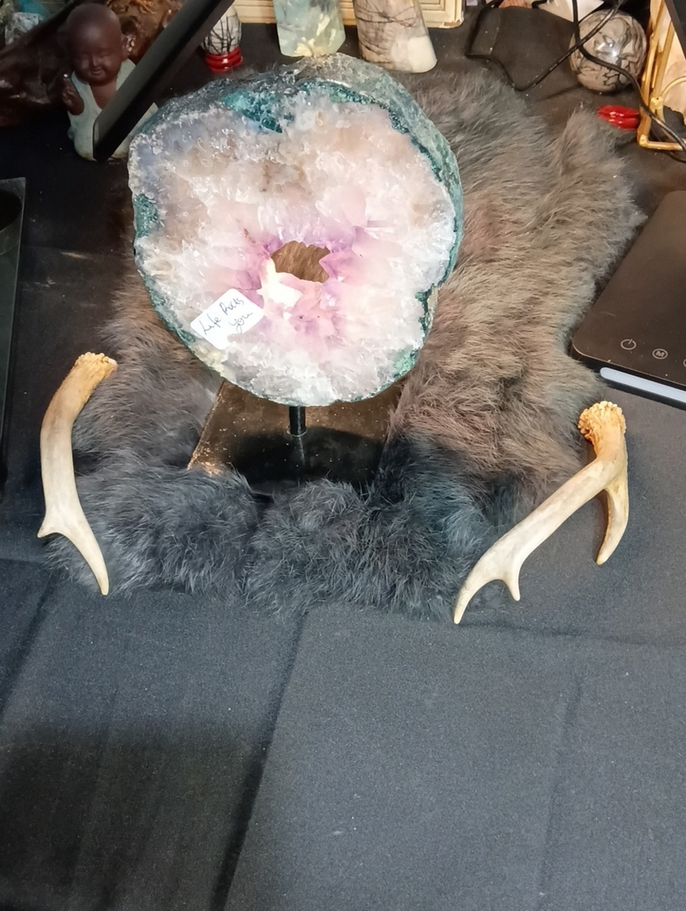 Natural Amethyst Geode Display on Stand - Purple and White